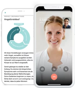 Illustration eines Angstkreislaufs und einer Online-Videosprechstunde mit einer Ärztin die über TeleClinic behandelt, dargestellt auf einem Smartphone.
