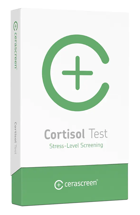 Verpackung des cerascreen Cortisol Tests für Stress-Level Screening in Weiß und Grün mit Logo.