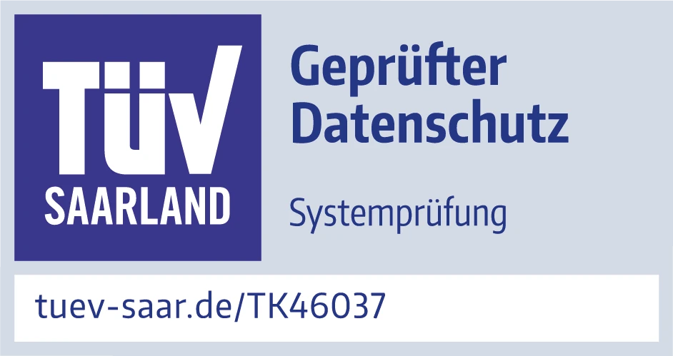 Siegel des TÜV Saarland. Geprüfter Datenschutz, Systemprüfung der TeleClinic Plattform bzw. Dienste.