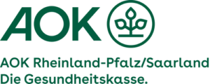 Logo der Krankenkasse bzw. Krankenversicherung AOK Rheinland-Pfalz/Saarland mit grünen Schriftzug und grünen Logo.