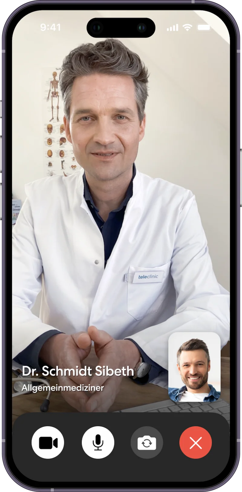 "Smartphone screenshot of a TeleClinic doctor's consultation with Dr. Schmidt Sibeth.