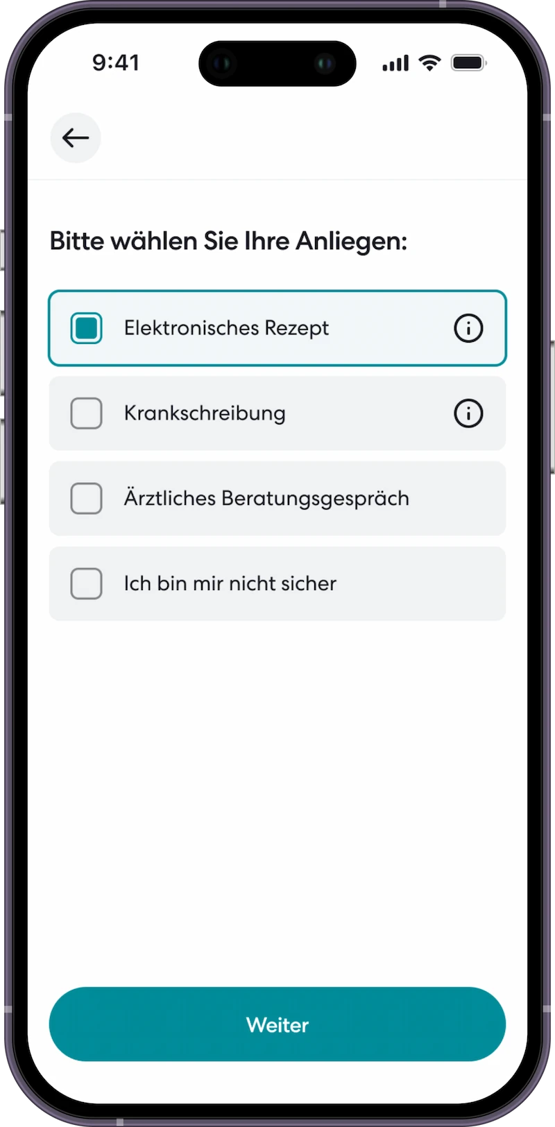 Mobile user interface of the TeleClinic app with questionnaire options such as "electronic prescription", "sick note", "medical consultation" and "I'm not sure".