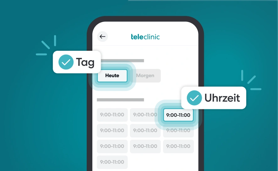 Bild von einem Handybildschirm der TeleClinic App. Ein Termin mit Datums- und Uhrzeitausgabe ist ausgewählt.