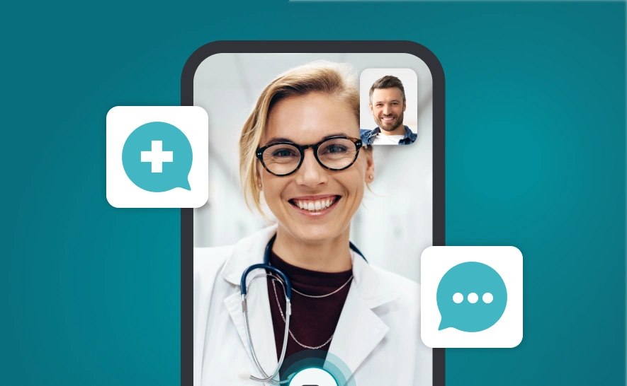 Bild von einem Handybildschirm der TeleClinic App. Zu sehen ist eine Videosprechstunde zwischen einem Mann und einer Ärztin.