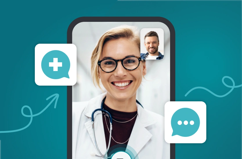 Bild von einem Handybildschirm der TeleClinic App. Zu sehen ist eine Videosprechstunde zwischen einem Mann und einer Ärztin.