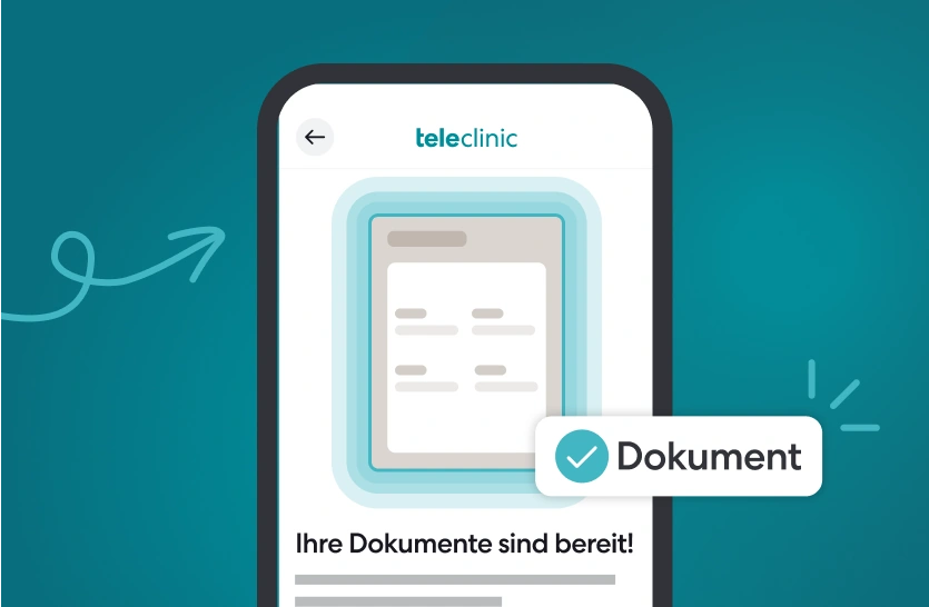 Bild von einem Handybildschirm der TeleClinic App. Zu sehen ist eine Bestätigung, dass alle Dokumente bereit sind und erfolgreich empfangen wurden.