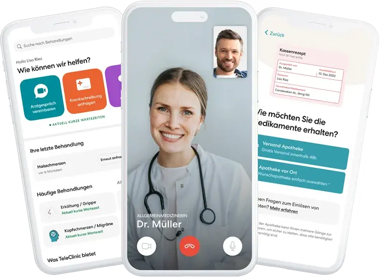 Eine Collage aus drei Smartphone-Bildschirmen zeigt die Benutzeroberfläche der TeleClinic Telemedizin-App mit Informationen zu Arztgespräch, Rezeptoptionen und weiteren Funktionen.