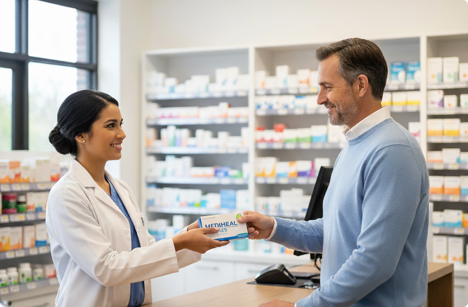 Eine Apothekerin im weißen Kittel reicht einem lächelnden Kunden in einer Apotheke eine Medikamentenpackung.