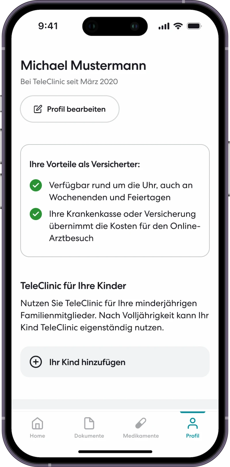 Profile page of a TeleClinic user with information on cost coverage by health insurance and the option of adding underage children.