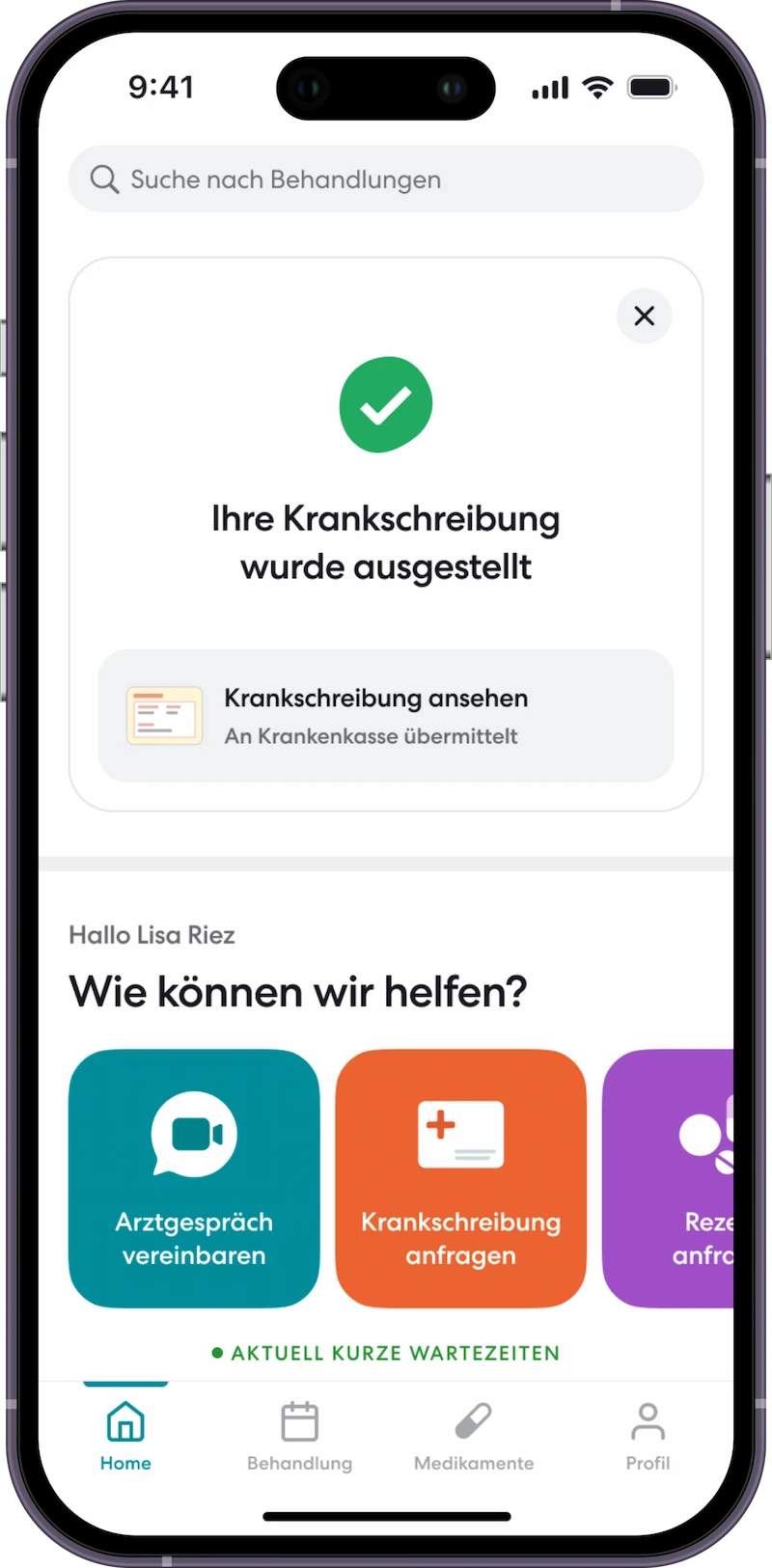 Digital confirmation via the TeleClinic app of an issued sick note with the option of viewing it or sending it to the health insurance company.