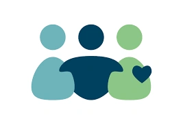 Logo des DiGA Anbieters Novego. Weißer Hintergrund mit drei abstrakten Illustrationen, die Personen darstellen sollen.