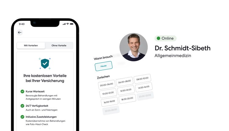 Ein Handy mit einer "kostenlose Vorteile bei Ihrer Versicherung" Ansicht. Nebenan Arzt- und Terminvorschau.