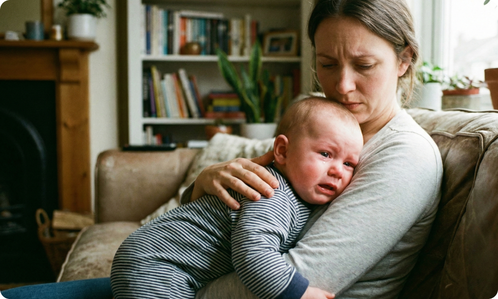 KI-generiertes Bild zur Symbolisierung von Mutter die ihr kleines Kind hält. Das Kind ist krank und leidet.