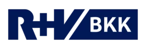 Logo der Krankenkasse bzw. Krankenversicherung R+V BKK mit blauen Schriftzug und weißen Schriftzug auf blauen Hintergrund als Logo.