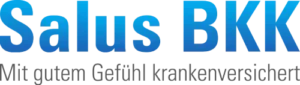 Logo der Krankenkasse bzw. Krankenversicherung Salus BKK mit blauen und grauen Schriftzug als Logo.