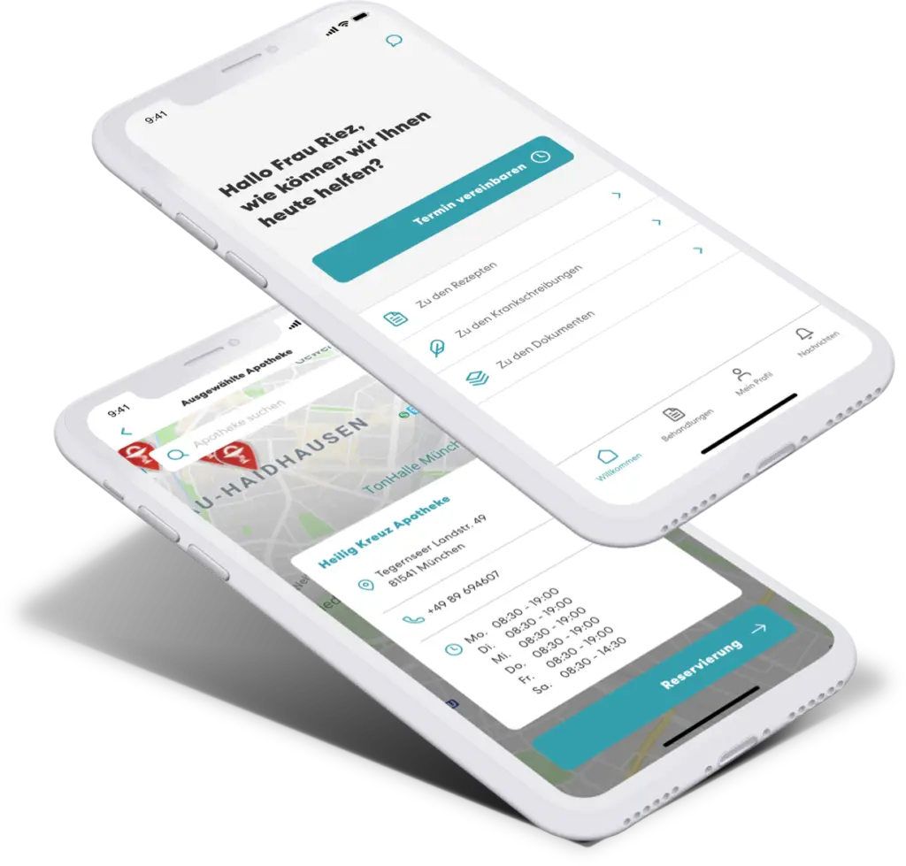 Zwei Smartphones zeigen die TeleClinic-App mit Terminbuchung-Option und Apothekenkarte.
