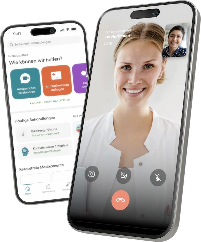 Zwei Handys zeigen die TeleClinic App und ein Arztgespräch.