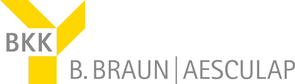 Logo der Krankenkasse bzw. Krankenversicherung BKK Braun mit grauen Schriftzug und gelben Symbol als Logo