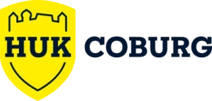Logo der Krankenkasse bzw. Krankenversicherung HUK-COBURG mit schwarzen Schriftzug und gelben Schild als Logo