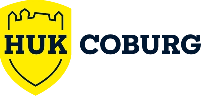 Logo der Krankenkasse bzw. Krankenversicherung HUK-COBURG mit schwarzen Schriftzug und gelben Schild als Logo