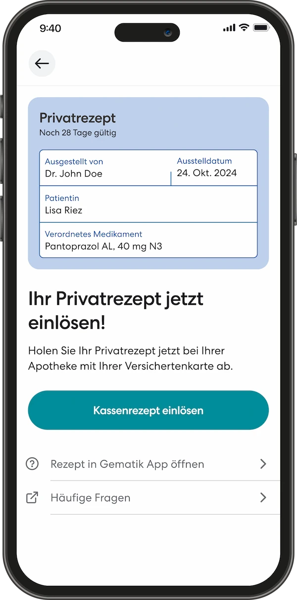 Smartphone zeigt die TeleClinic App mit einem abstrakten Privatrezept mit Angaben zu Arzt, Patient und Medikament, Button zum Einlösen des Rezepts.