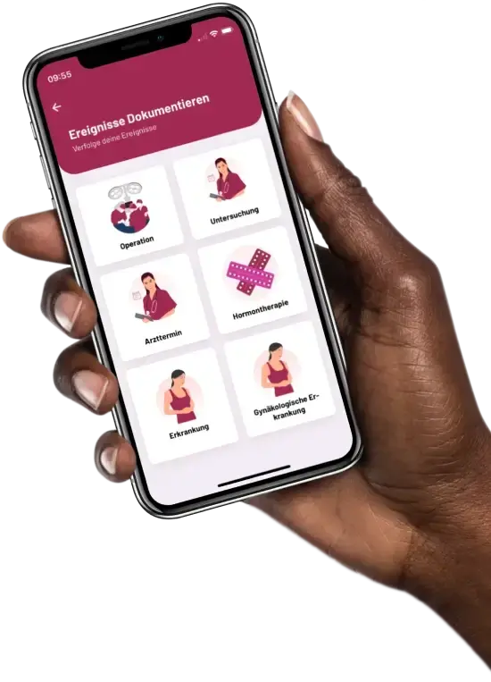 Hand hält Smartphone mit Screen der Endo App. Dieser zeigt unterschiedliche Optionen, die mit "Ereignisse Dokumentieren" zu tun haben.