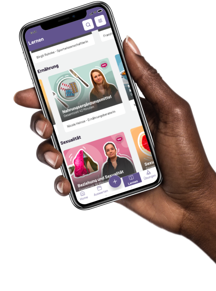Hand hält Smartphone mit geöffneter Vera App zur digitalen Beratung und Begleitung bei den Wechseljahren.