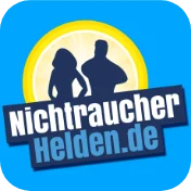 Logo des DiGA Anbieters NichtraucherHelden. Blauer Hintergrund mit Illustration von einem Mann und einer Frau, darunter Schriftzug "NichtraucherHelden.de".