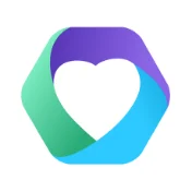 Logo des DiGA Anbieters Vitadio. Weißer Hintergrund mit einem Symbol aus drei unterschiedlichen Farben, welches ein weißes Herz im Inneren besitzt.