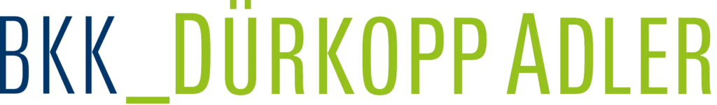 Logo der Krankenkasse bzw. Krankenversicherung BKK Dürkopp Adler mit grünen und dunkelblauen Schriftzug.
