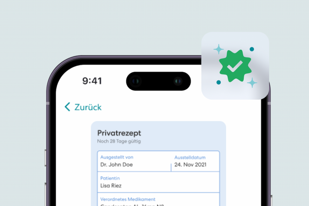 Smartphone zeigt ein digitales Privatrezept mit Patientendaten in einer Gesundheits-App.