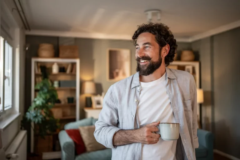Mann steht entspannt mit einer Tasse in der Hand in einem Wohnzimmer und lächelt.