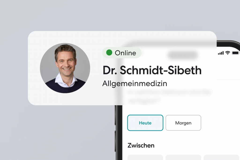 Arztprofil „Dr. Schmidt-Sibeth, Allgemeinmedizin“ in einer Telemedizin-App mit Terminoptionen.
