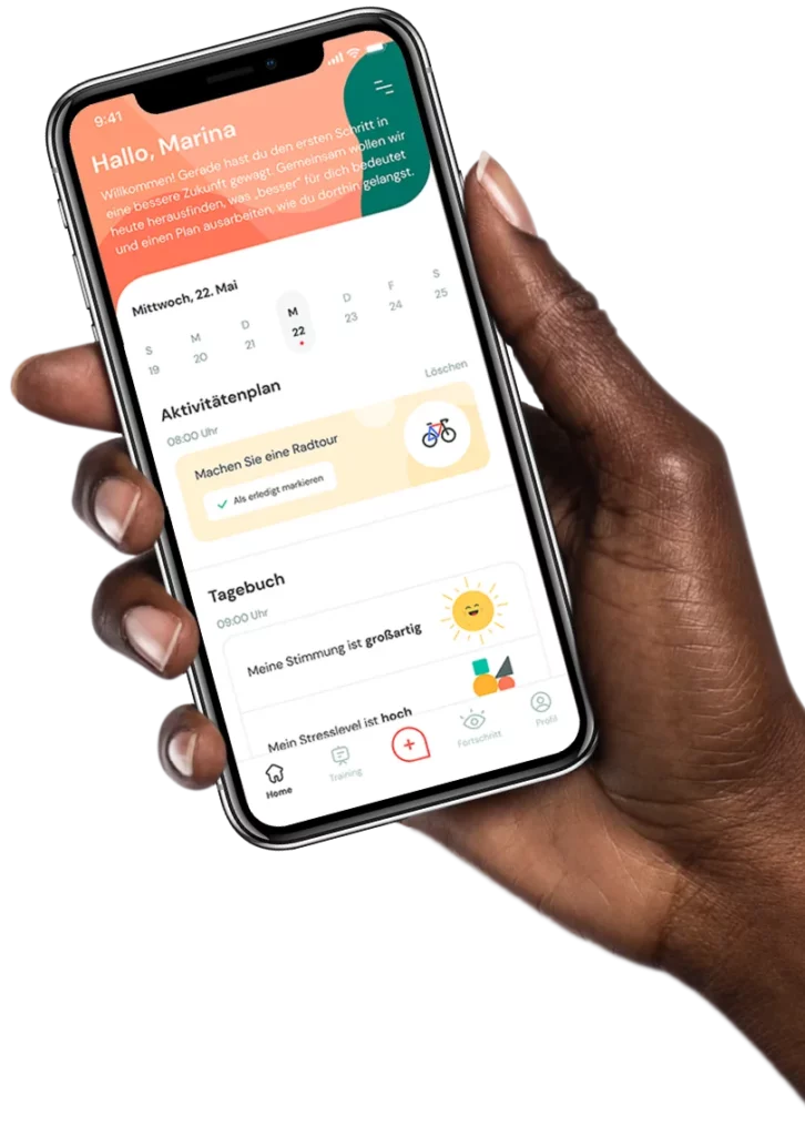 Hand hält ein Smartphone mit einer App geöffnet, die Stressbewältigungs- und Aktivitätenpläne anzeigt. Zu sehen ist die HelloBetter DiGA.
