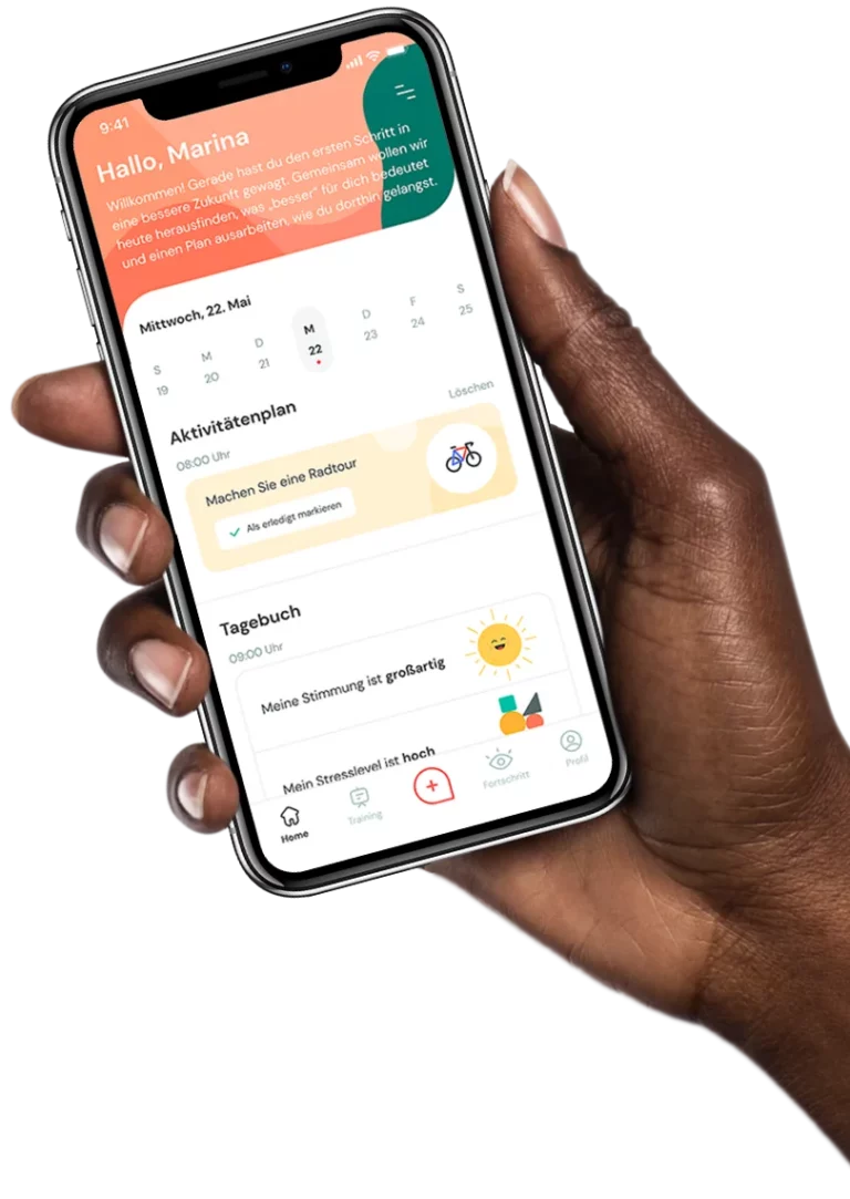 Hand hält ein Smartphone mit einer App geöffnet, die Stressbewältigungs- und Aktivitätenpläne anzeigt. Zu sehen ist die HelloBetter DiGA.