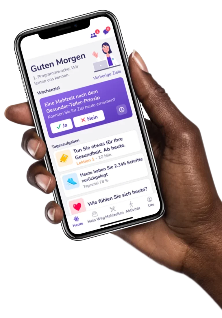 Hand hält Smartphone mit Screen der Vitadio App. Dieser zeigt eine Begrüßung, Wochenziele, Tagesaufgaben und weitere Optionen.