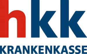 Logo der Krankenkasse bzw. Krankenversicherung hkk mit roten und blauen Schriftzug als Logo.