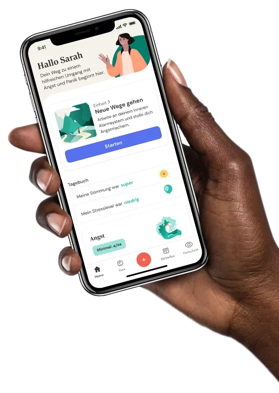 Hand hält Smartphone mit Screen der HelloBetter Panik App. Dieser zeigt eine Willkommens-Nachricht und unterschiedliche Optionen.