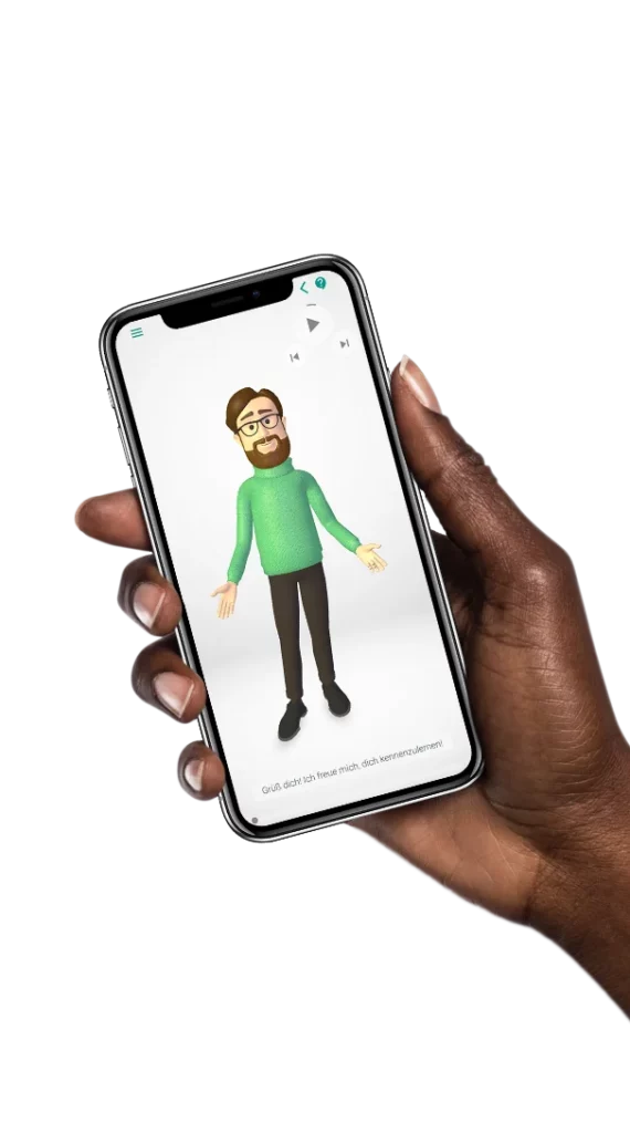 Hand hält Smartphone mit Screen der Somnio guter und erholsamer Schlaf App. Dieser zeigt eine Video von einem animierten Mann mit Brille und Bart.