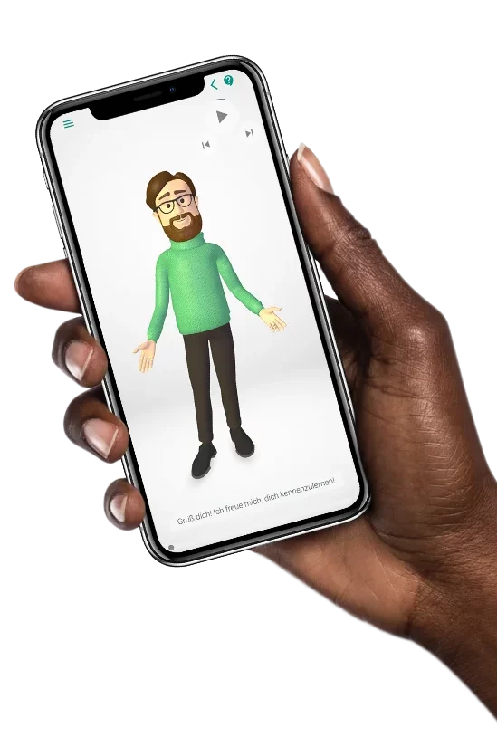 Hand hält Smartphone mit Screen der Somnio guter und erholsamer Schlaf App. Dieser zeigt eine Video von einem animierten Mann mit Brille und Bart.