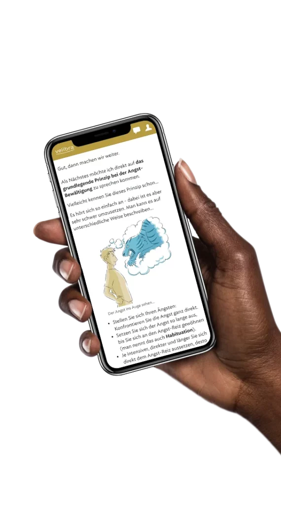 Hand hält Smartphone mit Screen der velibra Online-Programm gegen Angst und Panik App. Dieser zeigt ein Illustration und Text.