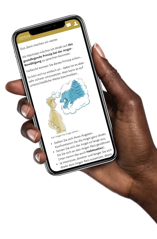 Hand hält Smartphone mit Screen der velibra Online-Programm gegen Angst und Panik App. Dieser zeigt ein Illustration und Text.