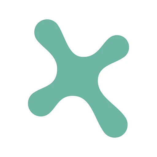 Logo des DiGA Anbieters mebix. Weiße Hintergrundfarbe und abgerundetes, schräg gestelltes grün-türkisenen Plus-Symbol.