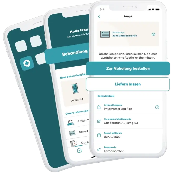 Darstellung der TeleClinic App mit drei Smartphones. Im Fokus das zentrale Display, auf dem Details zu einem Privatrezept angezeigt werden.