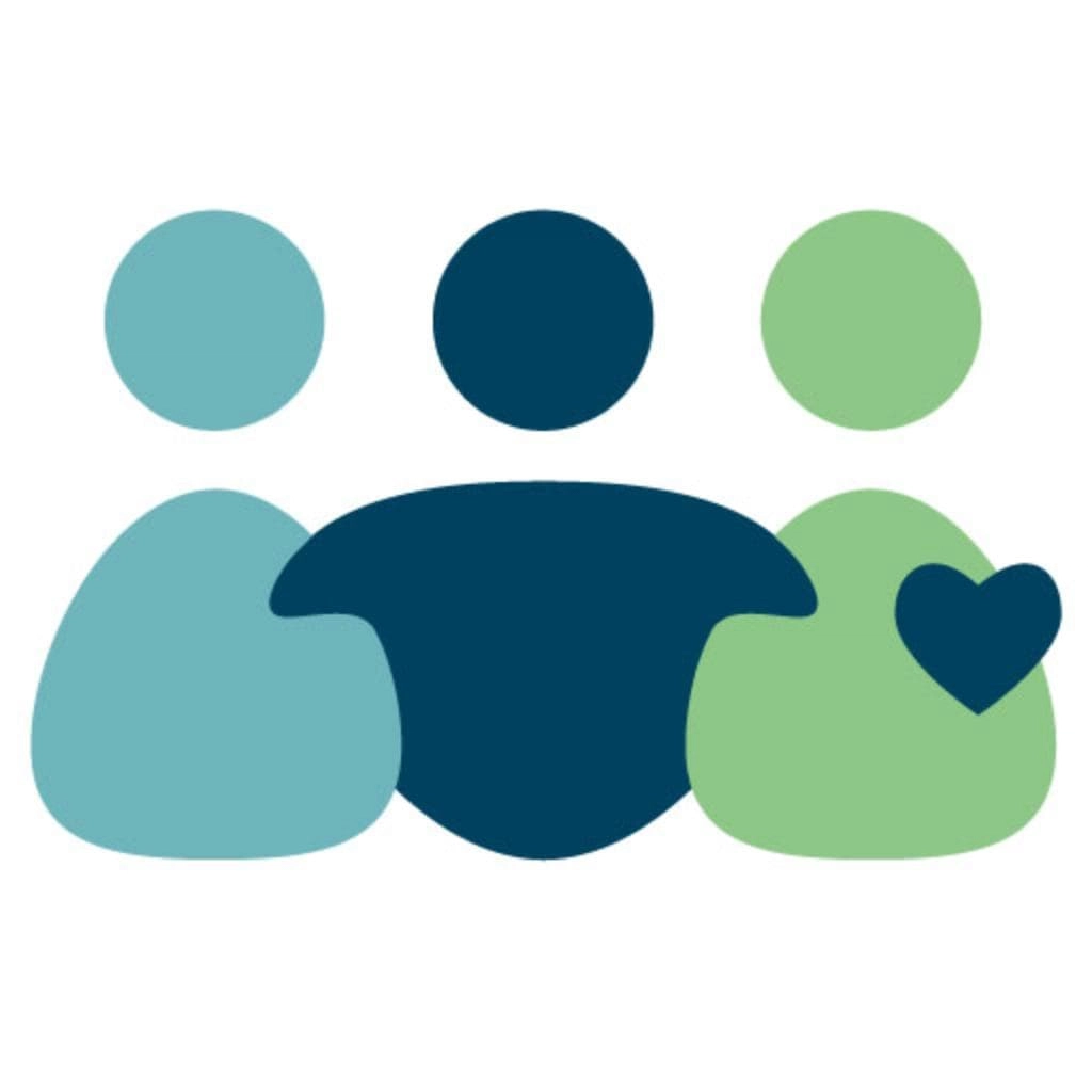 Logo des DiGA Anbieters Novego. Weißer Hintergrund mit drei abstrakten Illustrationen, die Personen darstellen sollen.