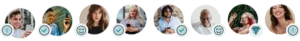 Reihe von Bildern mit unterschiedlichen Menschen, die verschiedene Emotionen ausdrücken. Unter den Bildern befinden sich Icons wie ein Ausrufezeichen, ein Diamant und Häkchen, die verschiedene Bewertungen oder Status darstellen könnten.