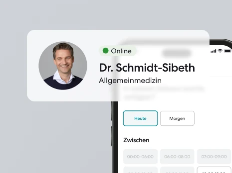 Profil von Dr. Schmidt-Sibeth mit Terminzeit-Auswahl in der TeleClinic-App.