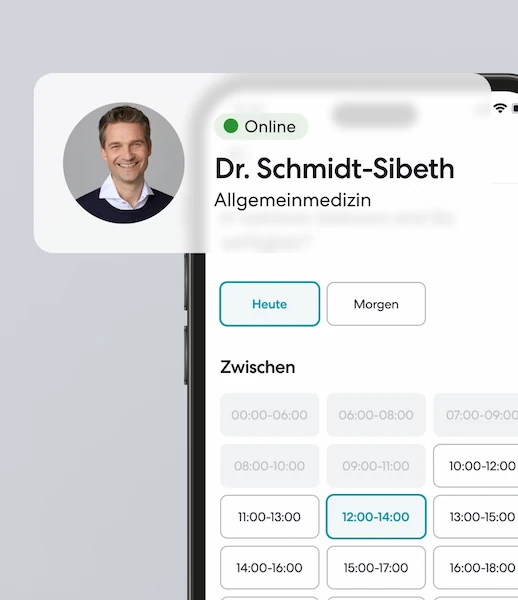 Profil von Dr. Schmidt-Sibeth mit Terminzeit-Auswahl in der TeleClinic-App.
