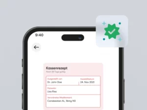 Smartphone-Bildschirm mit einer digitalen Darstellung eines ausgestellten Kassenrezepts.