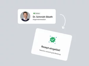 Profil von Dr. Schmidt-Sibeth mit Hinweis 'Rezept eingelöst! TeleClinic wünscht gute Besserung'.